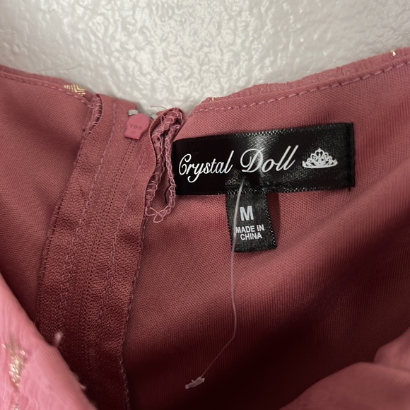 NWOT Crystal Doll Off Shoulder Tulle Flouncy Pink Gold Dress sz M - Picture 7 of 10